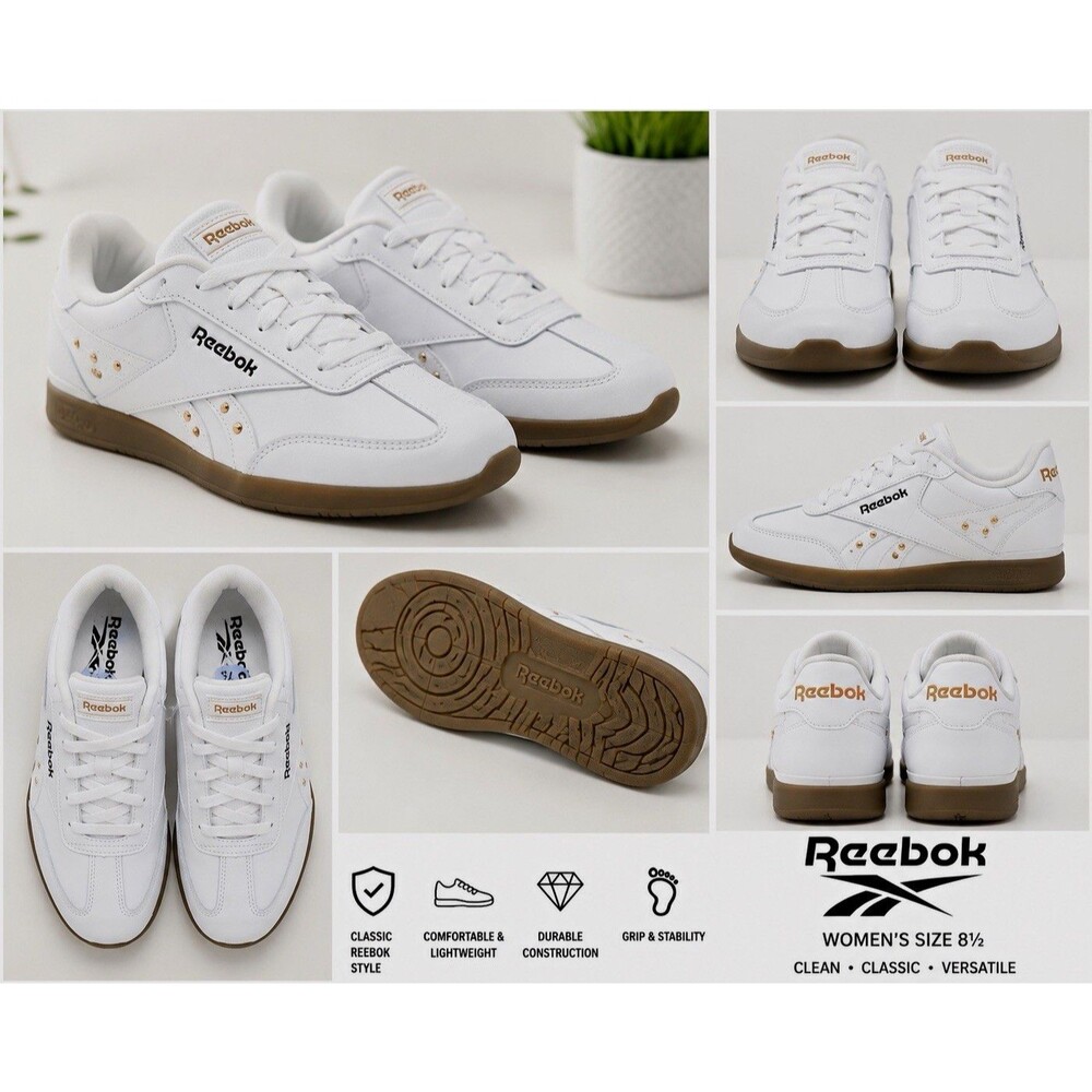 Reebok Women’s Classic Low Top Sneaker White/Brown Lace-Up Comfort Rubber